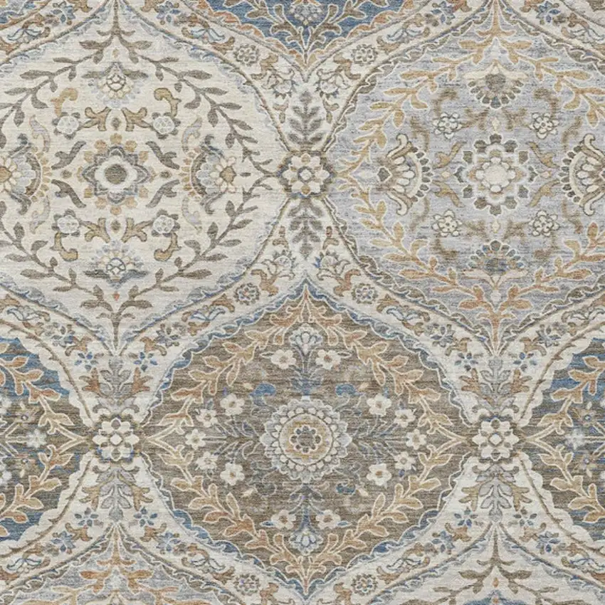 Beige Gold And Denim Blue Floral Washable Indoor Outdoor Area Rug Photo 4