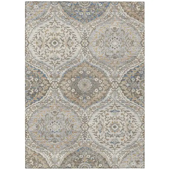 Beige Gold And Denim Blue Floral Washable Indoor Outdoor Area Rug Photo 1