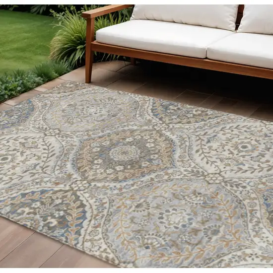 Beige Gold And Denim Blue Floral Washable Indoor Outdoor Area Rug Photo 2
