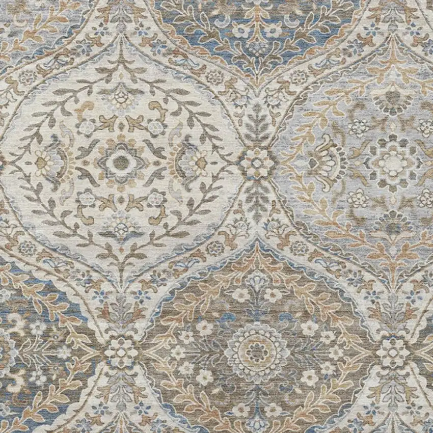 Beige Gold And Denim Blue Floral Washable Indoor Outdoor Area Rug Photo 3