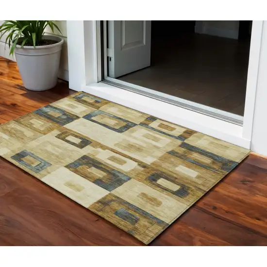 Beige Gold And Denim Blue Geometric Washable Indoor Outdoor Area Rug Photo 1