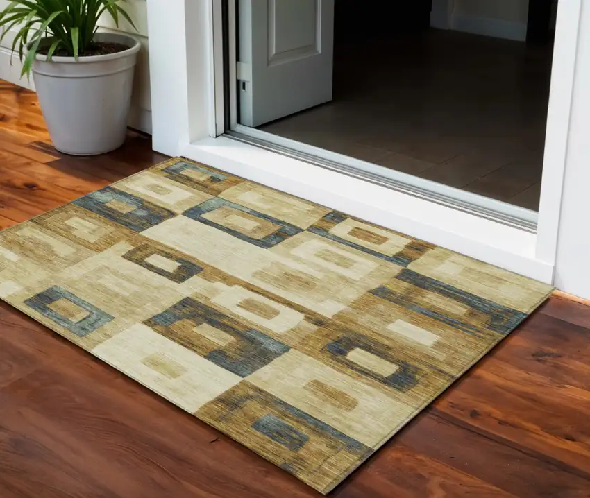 Beige Gold And Denim Blue Geometric Washable Indoor Outdoor Area Rug Photo 1