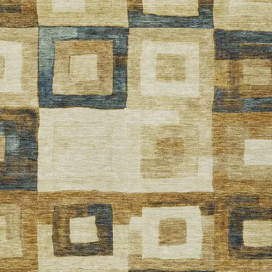 Beige Gold And Denim Blue Geometric Washable Indoor Outdoor Area Rug Photo 5