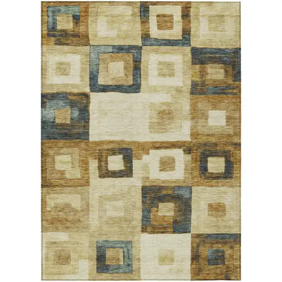 Beige Gold And Denim Blue Geometric Washable Indoor Outdoor Area Rug Photo 2