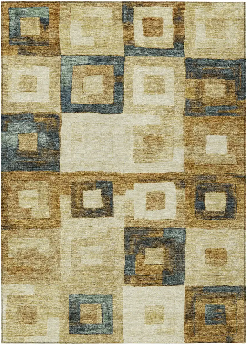 Beige Gold And Denim Blue Geometric Washable Indoor Outdoor Area Rug Photo 2