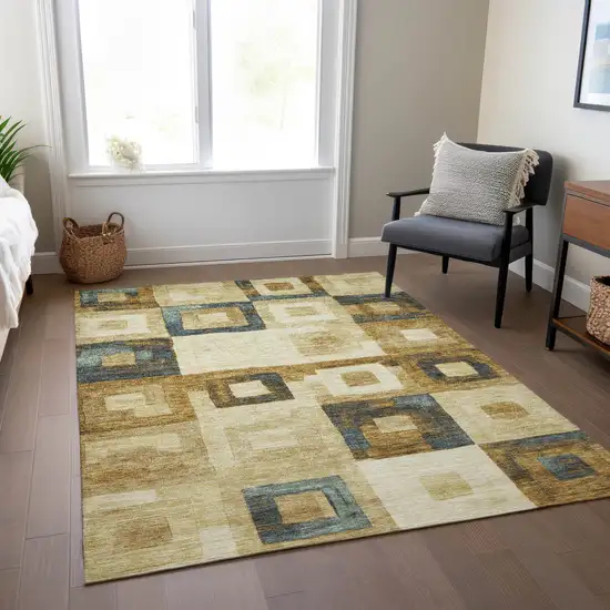 Beige Gold And Denim Blue Geometric Washable Indoor Outdoor Area Rug Photo 9