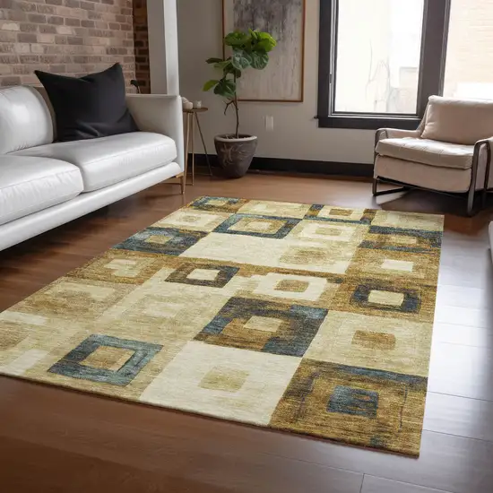 Beige Gold And Denim Blue Geometric Washable Indoor Outdoor Area Rug Photo 8