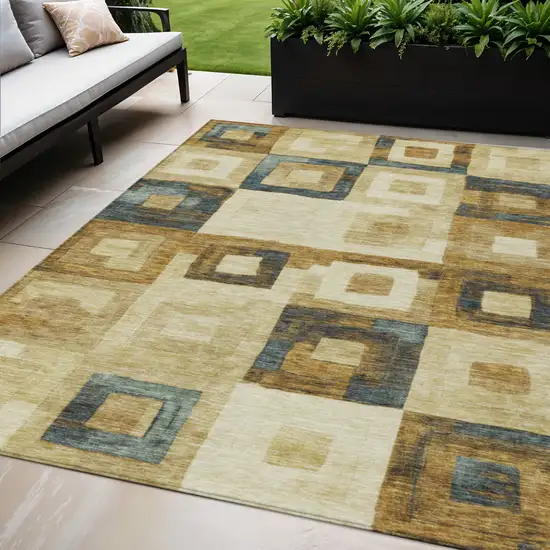 Beige Gold And Denim Blue Geometric Washable Indoor Outdoor Area Rug Photo 1