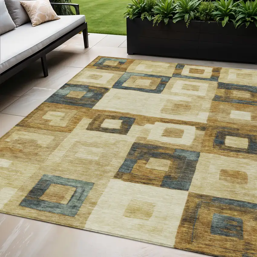 Beige Gold And Denim Blue Geometric Washable Indoor Outdoor Area Rug Photo 1