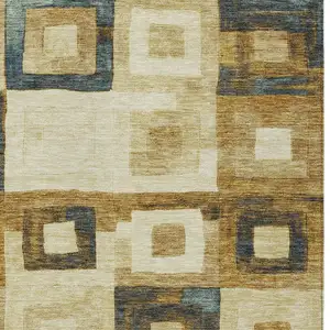 Photo of Beige Gold And Denim Blue Geometric Washable Indoor Outdoor Area Rug