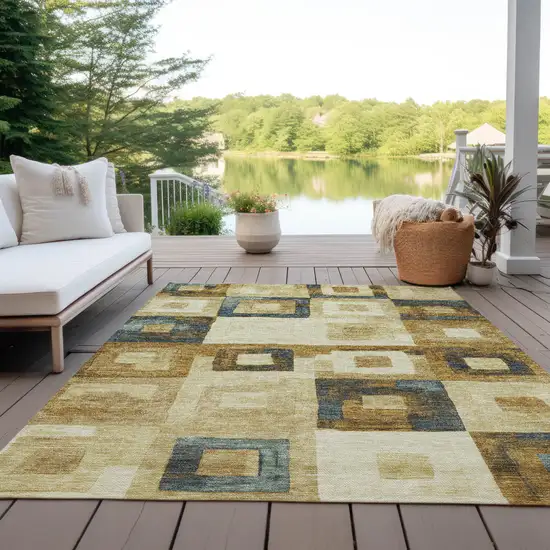 Beige Gold And Denim Blue Geometric Washable Indoor Outdoor Area Rug Photo 7