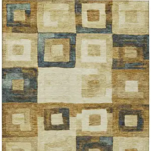 Photo of Beige Gold And Denim Blue Geometric Washable Indoor Outdoor Area Rug