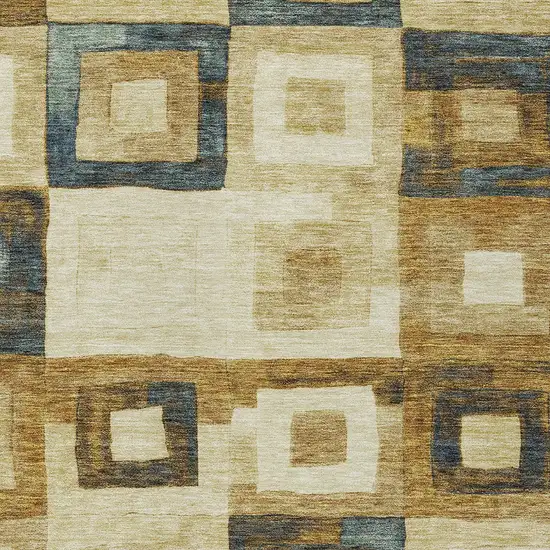 Beige Gold And Denim Blue Geometric Washable Indoor Outdoor Area Rug Photo 5