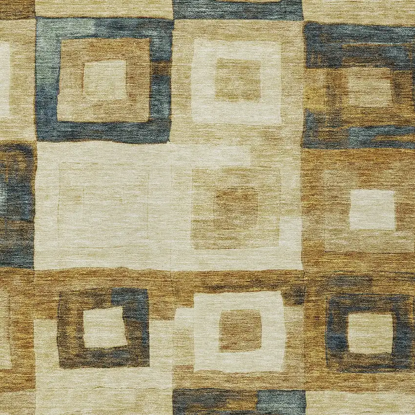 Beige Gold And Denim Blue Geometric Washable Indoor Outdoor Area Rug Photo 5