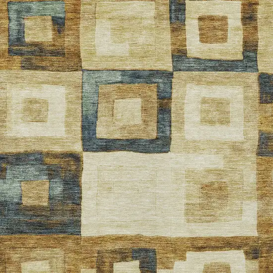 Beige Gold And Denim Blue Geometric Washable Indoor Outdoor Area Rug Photo 5