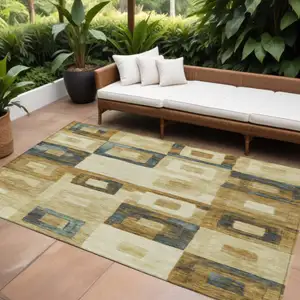 Photo of Beige Gold And Denim Blue Geometric Washable Indoor Outdoor Area Rug