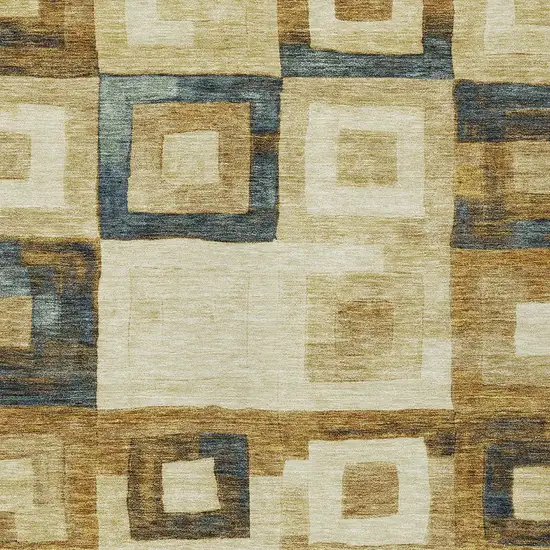 Beige Gold And Denim Blue Geometric Washable Indoor Outdoor Area Rug Photo 5