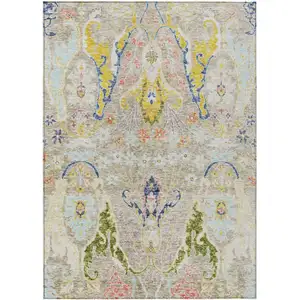 Photo of Beige Gold And Fern Green Floral Washable Indoor Outdoor Area Rug