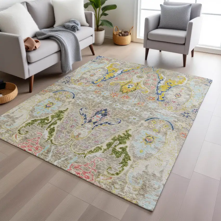 Beige Gold And Fern Green Floral Washable Indoor Outdoor Area Rug Photo 6