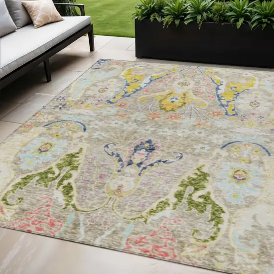 Beige Gold And Fern Green Floral Washable Indoor Outdoor Area Rug Photo 2