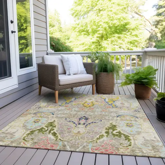 Beige Gold And Fern Green Floral Washable Indoor Outdoor Area Rug Photo 8