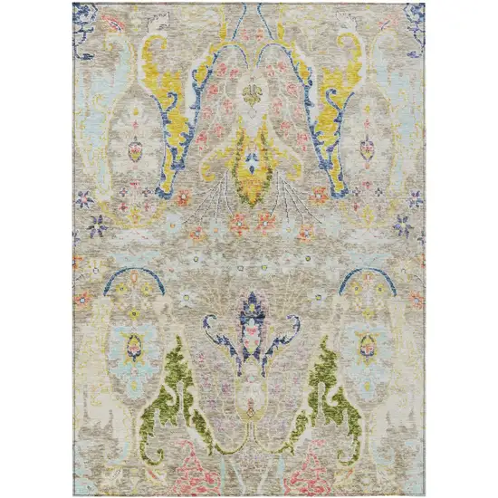 Beige Gold And Fern Green Floral Washable Indoor Outdoor Area Rug Photo 1