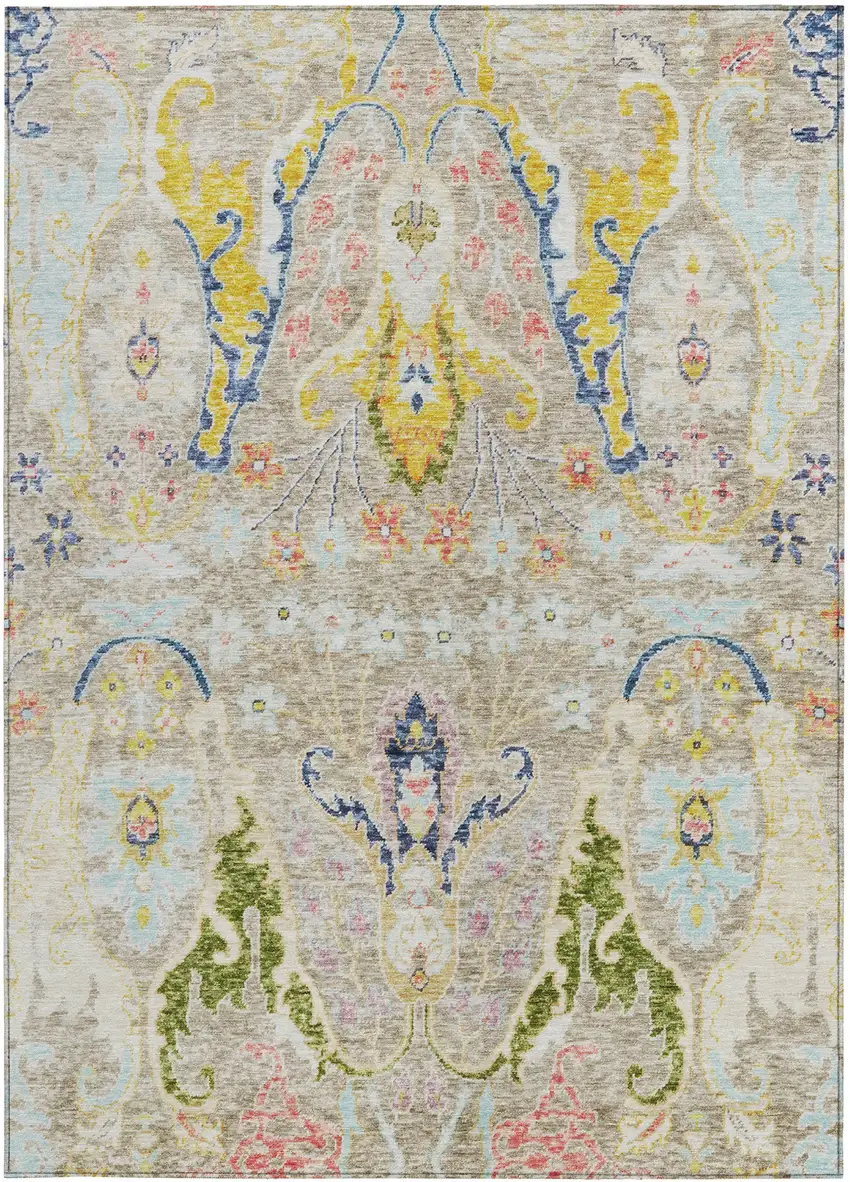 Beige Gold And Fern Green Floral Washable Indoor Outdoor Area Rug Photo 3