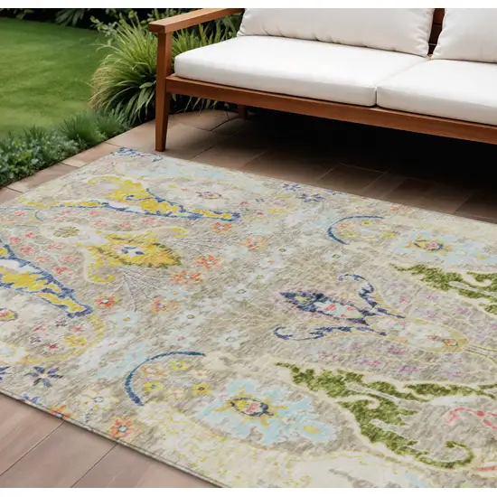 Beige Gold And Fern Green Floral Washable Indoor Outdoor Area Rug Photo 2