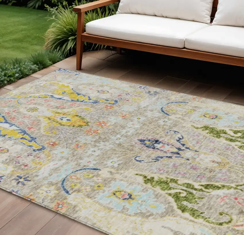 Beige Gold And Fern Green Floral Washable Indoor Outdoor Area Rug Photo 2