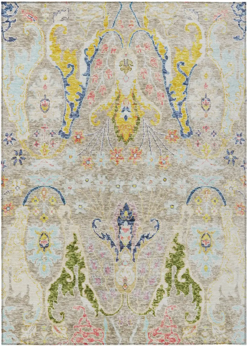 Beige Gold And Fern Green Floral Washable Indoor Outdoor Area Rug Photo 1