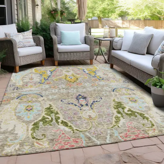 Beige Gold And Fern Green Floral Washable Indoor Outdoor Area Rug Photo 5