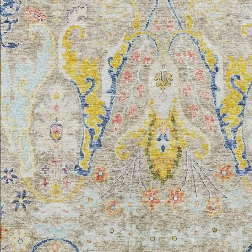 Beige Gold And Fern Green Floral Washable Indoor Outdoor Area Rug Photo 3