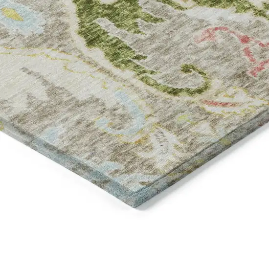 Beige Gold And Fern Green Floral Washable Indoor Outdoor Area Rug Photo 9