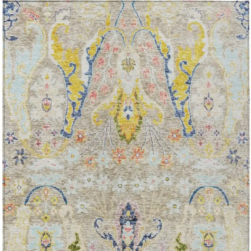 Beige Gold And Fern Green Floral Washable Indoor Outdoor Area Rug Photo 4