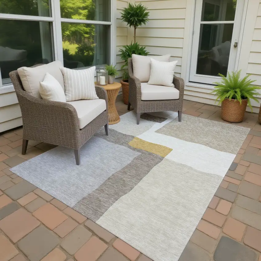 Beige Gold And Gray Abstract Washable Indoor Outdoor Area Rug Photo 4