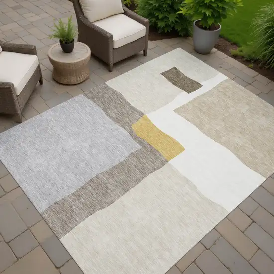 Beige Gold And Gray Abstract Washable Indoor Outdoor Area Rug Photo 7