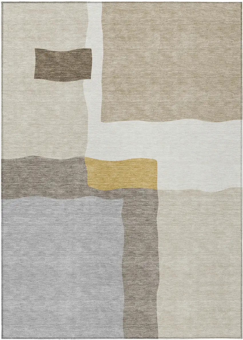 Beige Gold And Gray Abstract Washable Indoor Outdoor Area Rug Photo 1
