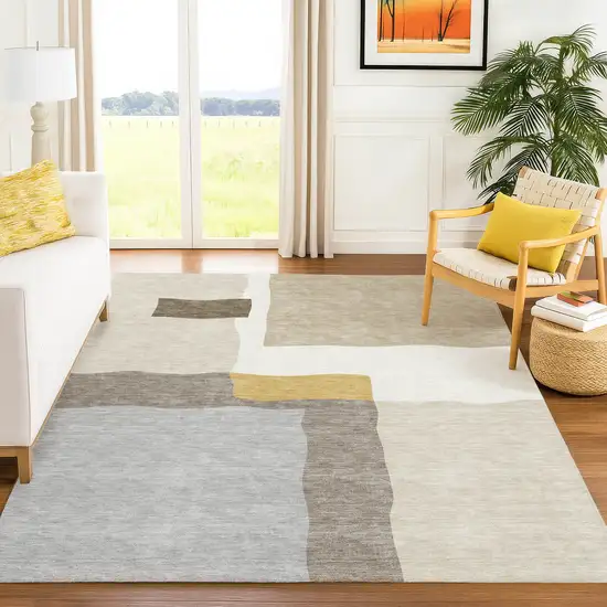 Beige Gold And Gray Abstract Washable Indoor Outdoor Area Rug Photo 5