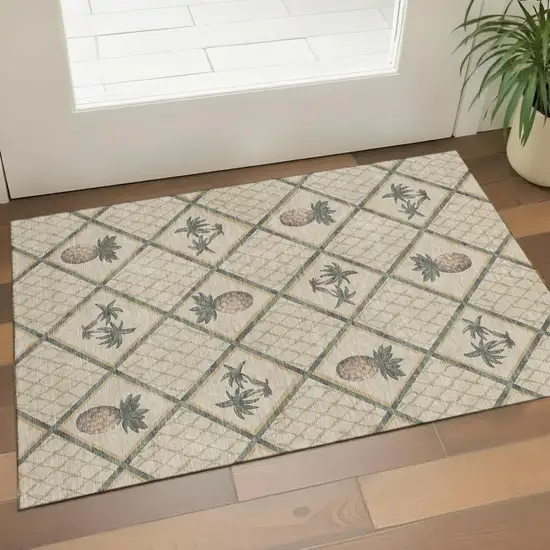 Beige Gold And Gray Botanical Leaves Washable Area Rug With UV Protection Photo 1