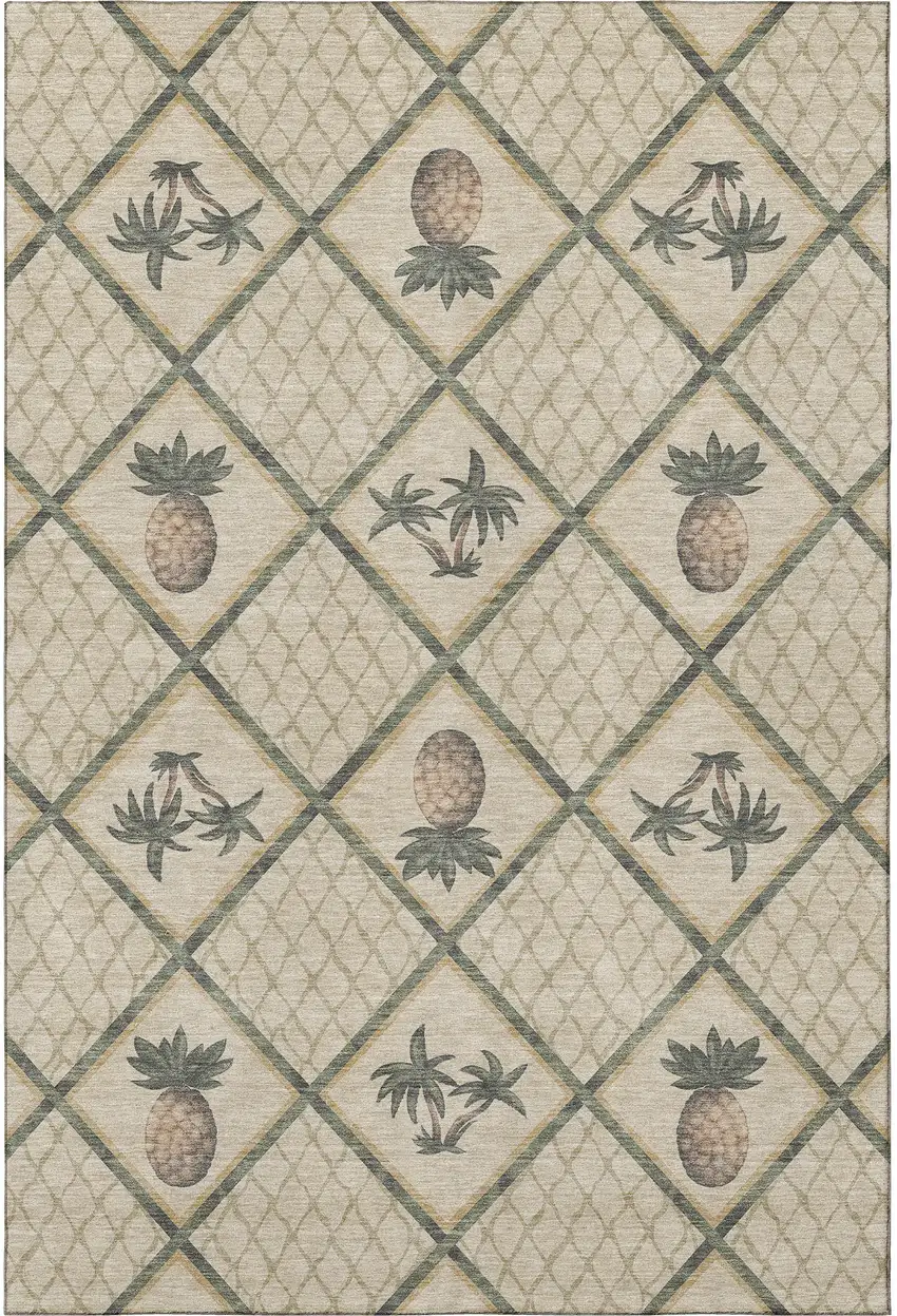 Beige Gold And Gray Botanical Leaves Washable Area Rug With UV Protection Photo 4