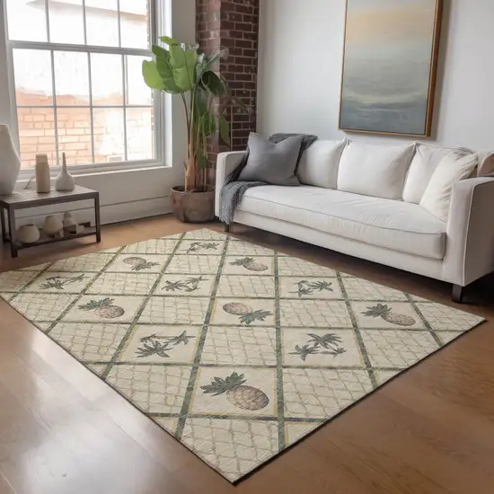 Beige Gold And Gray Botanical Leaves Washable Area Rug With UV Protection Photo 3