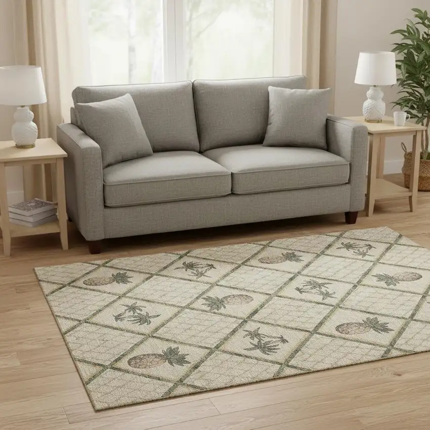 Beige Gold And Gray Botanical Leaves Washable Area Rug With UV Protection Photo 2