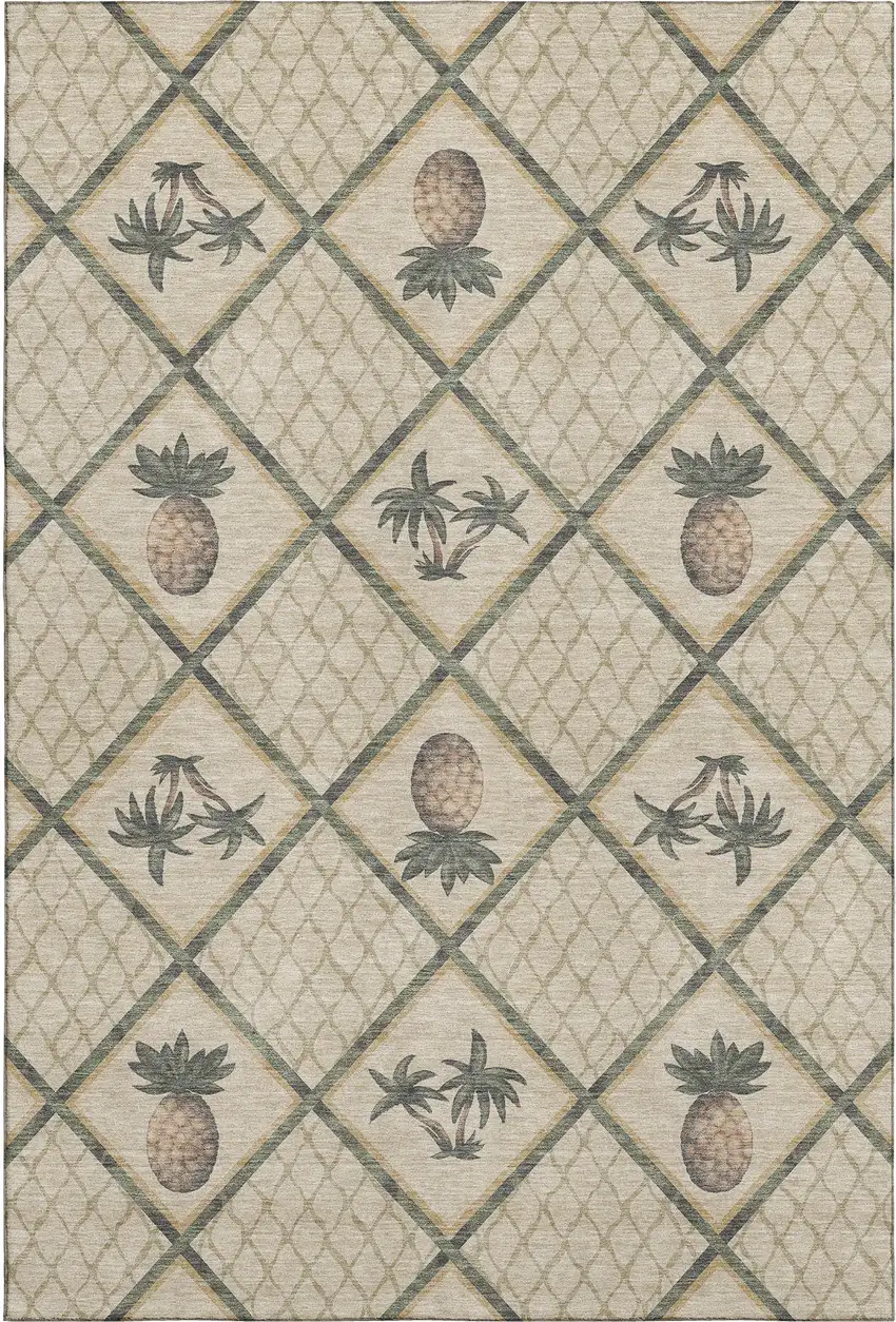 Beige Gold And Gray Botanical Leaves Washable Area Rug With UV Protection Photo 2