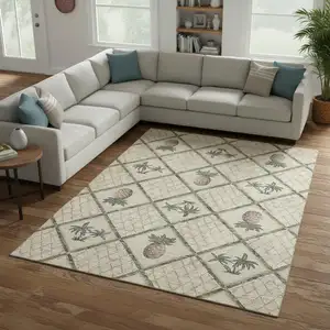 Photo of Beige Gold And Gray Botanical Leaves Washable Area Rug With UV Protection