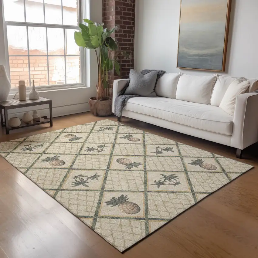 Beige Gold And Gray Botanical Leaves Washable Area Rug With UV Protection Photo 4
