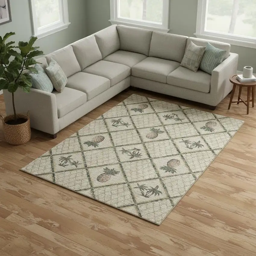 Beige Gold And Gray Botanical Leaves Washable Area Rug With UV Protection Photo 1