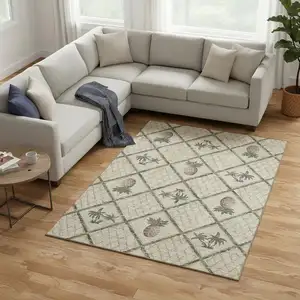 Photo of Beige Gold And Gray Botanical Leaves Washable Area Rug With UV Protection