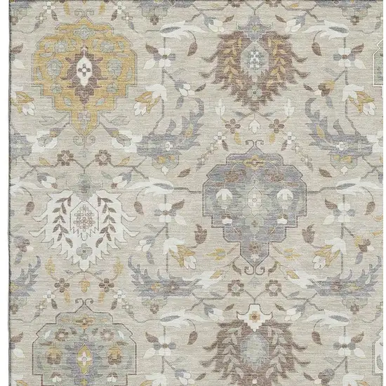 Beige Gold And Gray Damask Washable Area Rug With UV Protection Photo 2