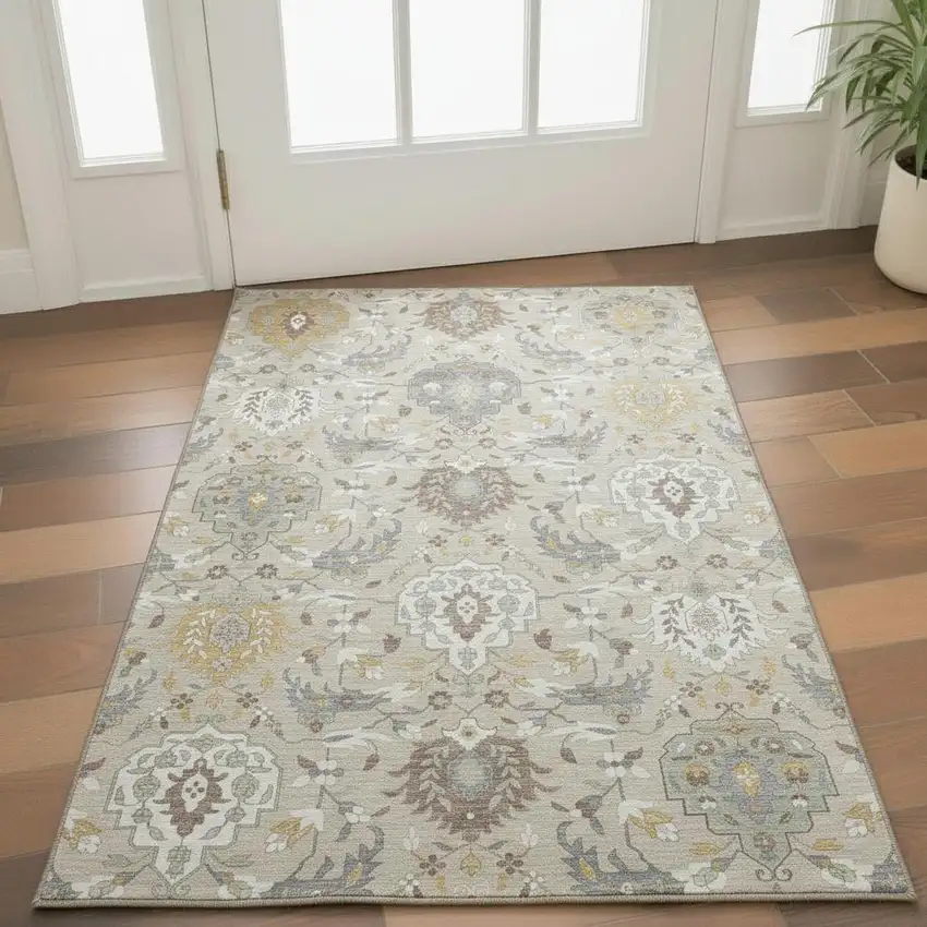 Beige Gold And Gray Damask Washable Area Rug With UV Protection Photo 2