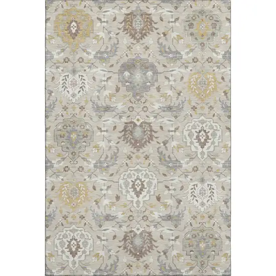 Beige Gold And Gray Damask Washable Area Rug With UV Protection Photo 1